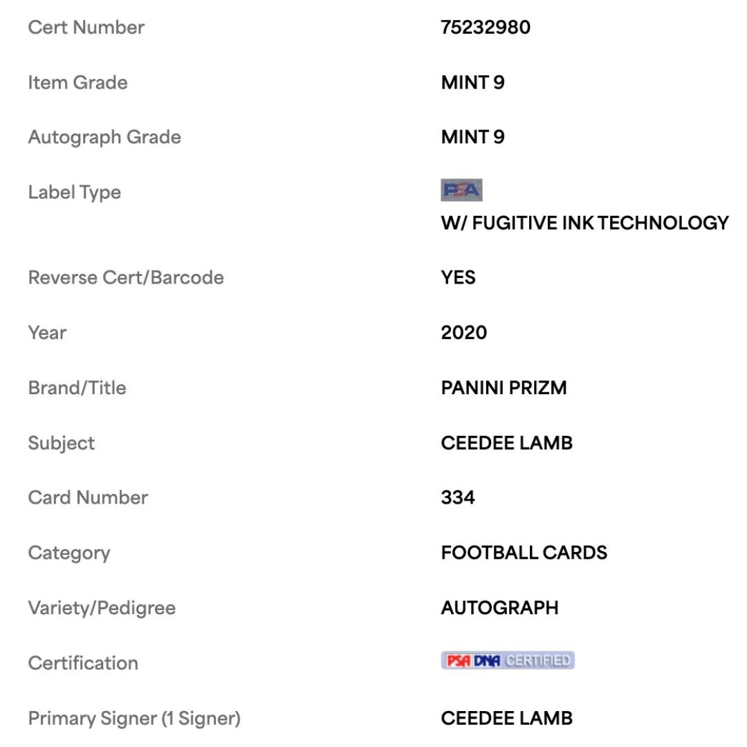 CeeDee Lamb PSA 9 2020 Panini Prizm Autograph Rookie RC Card #334
