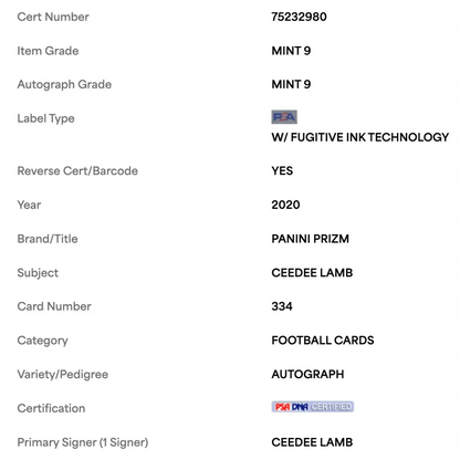 CeeDee Lamb PSA 9 2020 Panini Prizm Autograph Rookie RC Card #334