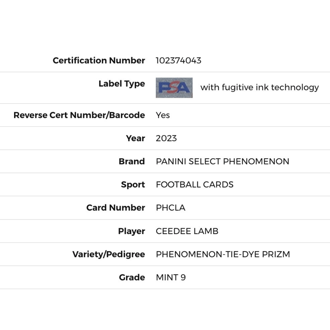 CeeDee Lamb PSA 9 2023 Panini Select Phenomenon Tie Dye Prizm Card #PHCLA