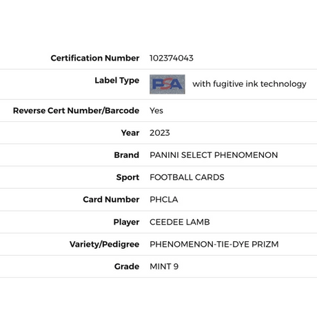CeeDee Lamb PSA 9 2023 Panini Select Phenomenon Tie Dye Prizm Card #PHCLA