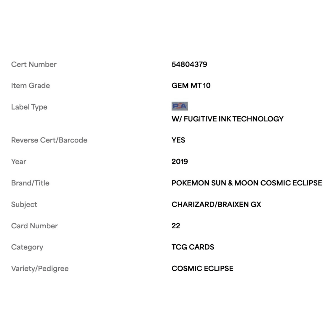 Charizard & Braixen GX PSA 10 2019 Pokemon Sun & Moon Cosmic Eclipse Card #22