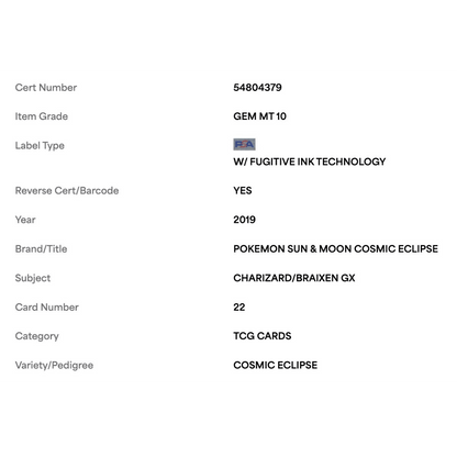 Charizard & Braixen GX PSA 10 2019 Pokemon Sun & Moon Cosmic Eclipse Card #22