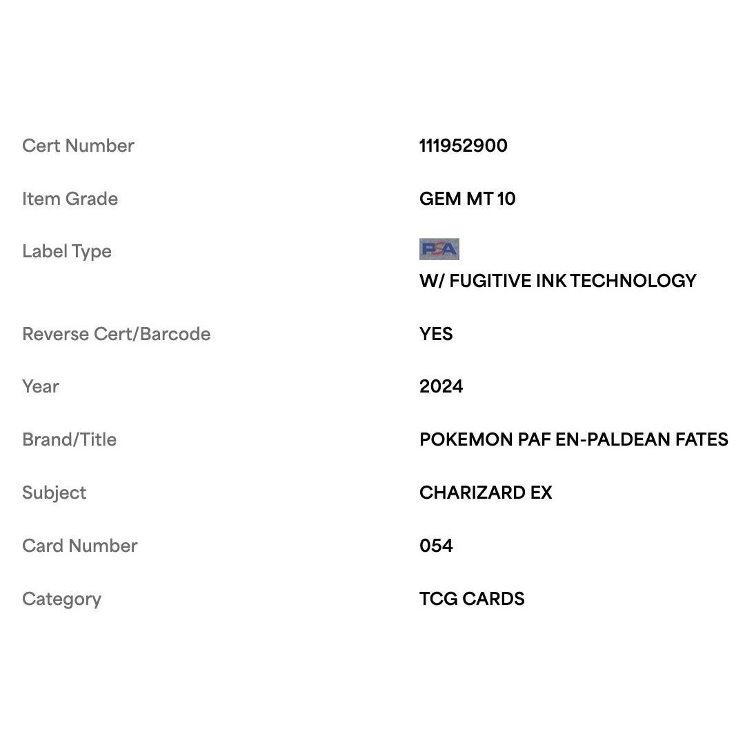 Charizard ex PSA 10 2024 Pokemon PAF EN Paldean Fates Card #054