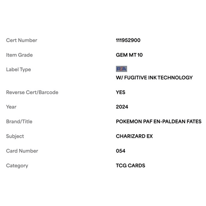 Charizard ex PSA 10 2024 Pokemon PAF EN Paldean Fates Card #054