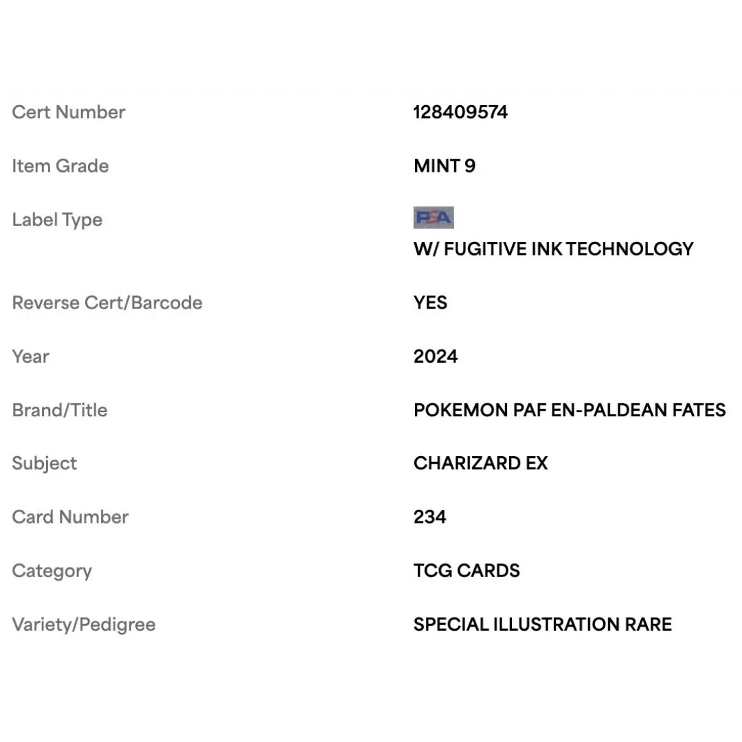 Charizard ex PSA 9 2024 Pokemon PAF EN Paldean Fates Special Illustration Rare Card #234