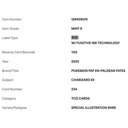 Charizard ex PSA 9 2024 Pokemon PAF EN Paldean Fates Special Illustration Rare Card #234