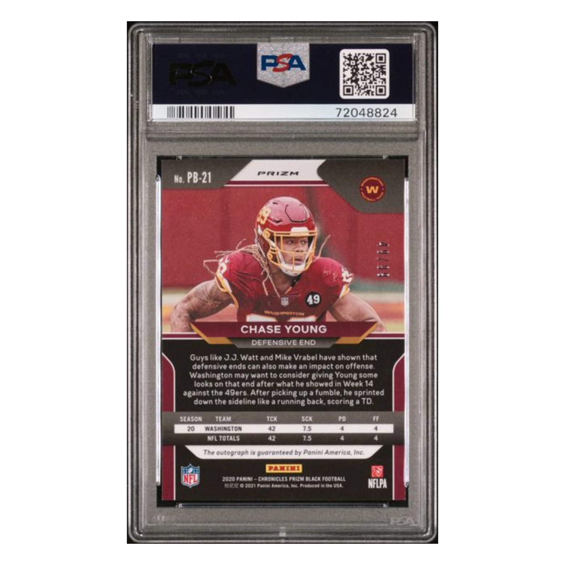 Chase Young PSA 10 2020 Panini Chronicles Prizm Black Signature Red Rookie RC #d/ 99 Card #PB21