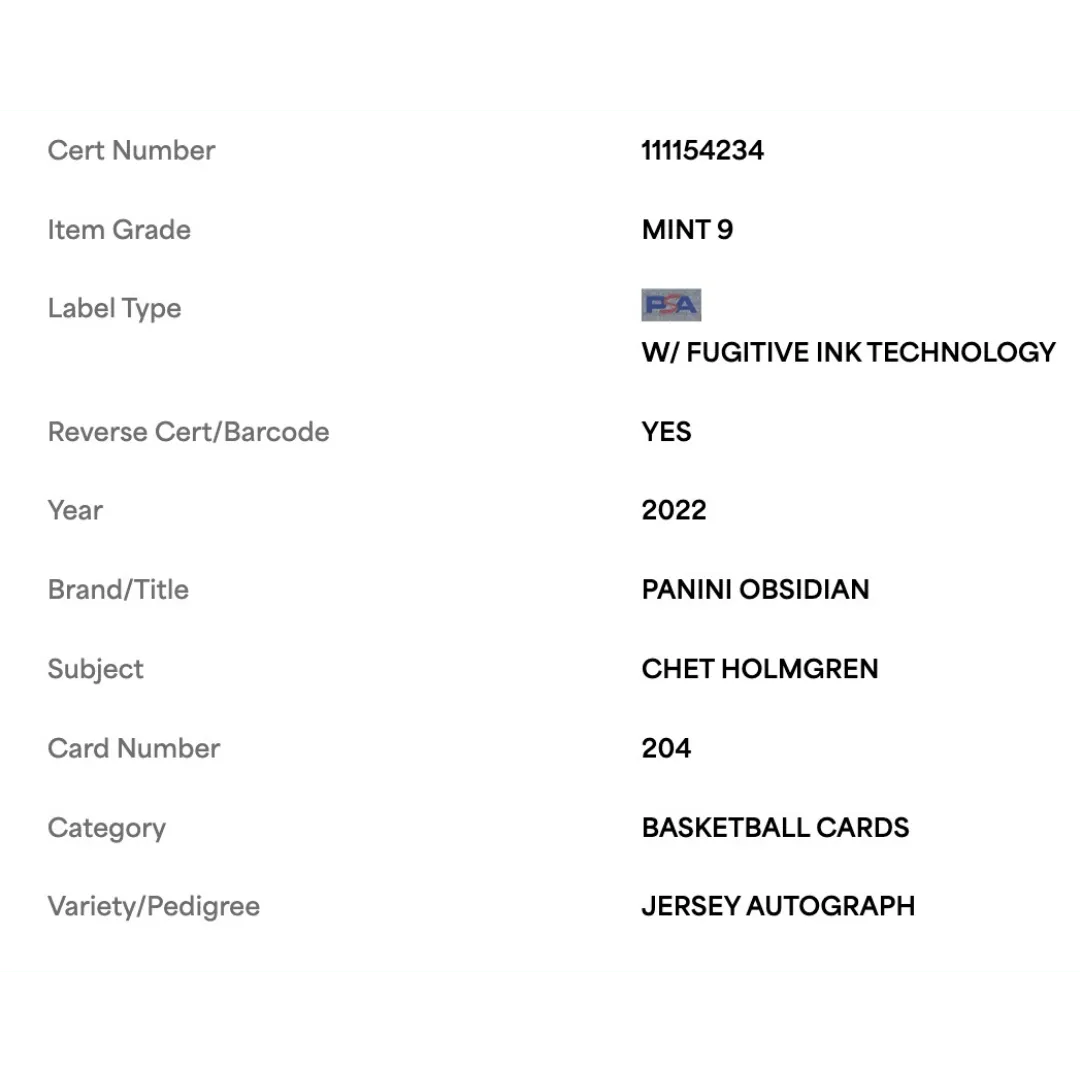 Chet Holmgrem PSA 9 2022 Panini Obsidian Jersey Autograph #d / 99 Card #204