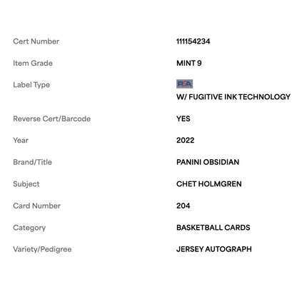 Chet Holmgrem PSA 9 2022 Panini Obsidian Jersey Autograph #d / 99 Card #204