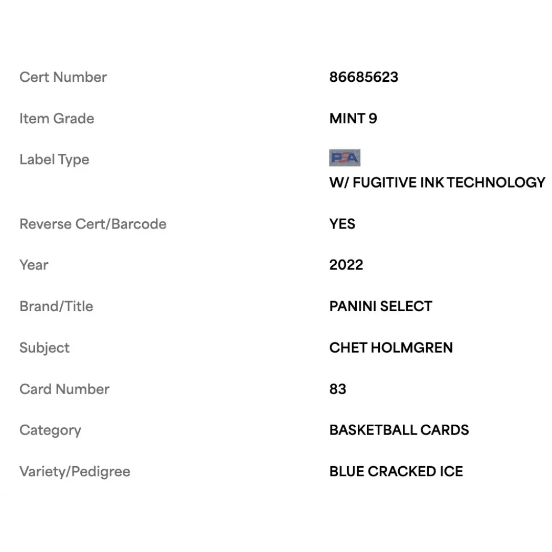 Chet Holmgren PSA 9 2022 Panini Select Blue Cracked Ice Rookie RC Card #83