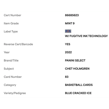 Chet Holmgren PSA 9 2022 Panini Select Blue Cracked Ice Rookie RC Card #83