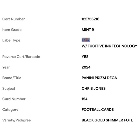 Chris Jones PSA 9 2024 Panini Prizm Deca Black Gold Shimmer FOTL #8/8 Card #154