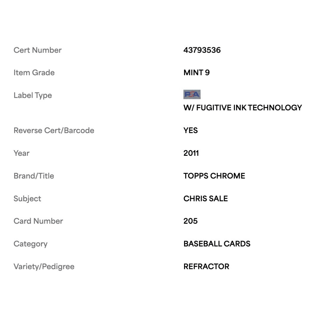Chris Sale PSA 9 2011 Topps Chrome Refractor Rookie RC Card #205