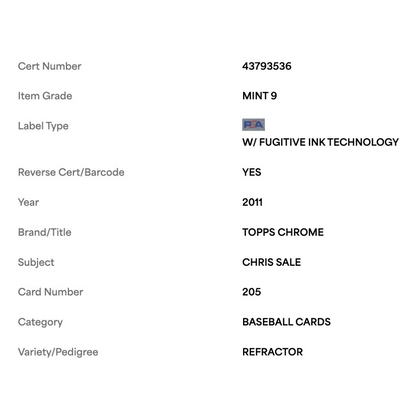 Chris Sale PSA 9 2011 Topps Chrome Refractor Rookie RC Card #205