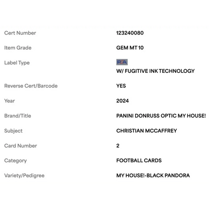 Christian McCaffrey PSA 10 2024 Panini Donruss Optic My House! Black Pandora #23/ 25 Card #2