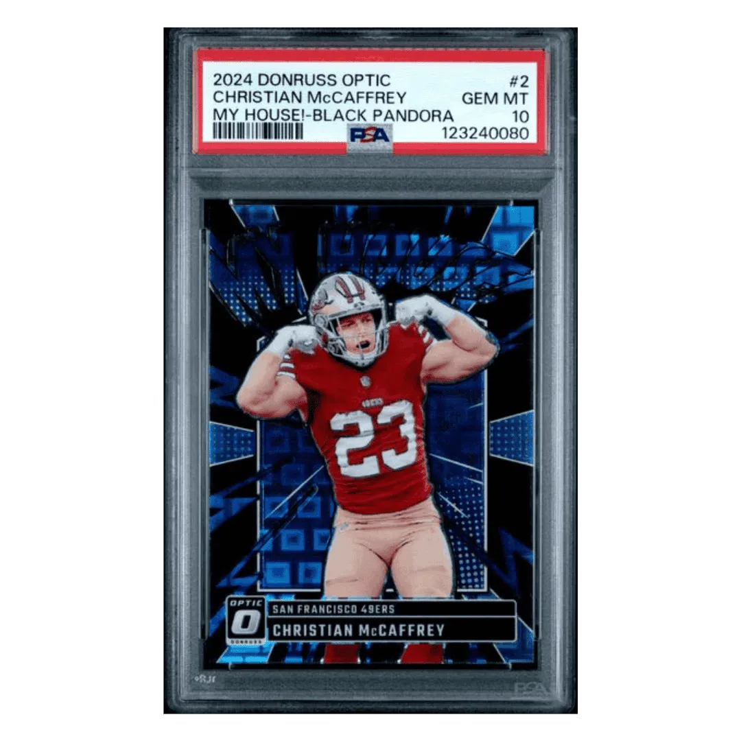 Christian McCaffrey PSA 10 2024 Panini Donruss Optic My House! Black Pandora #23/ 25 Card #2