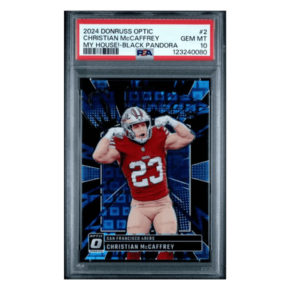 Christian McCaffrey PSA 10 2024 Panini Donruss Optic My House! Black Pandora #23/ 25 Card #2