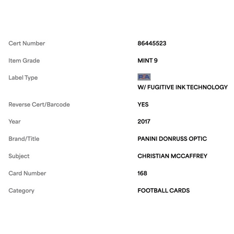 Christian McCaffrey PSA 9 2017 Panini Donruss Optic Rated Rookie Card #168
