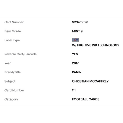 Christian McCaffrey PSA 9 2017 Panini Rookie RC Card #111