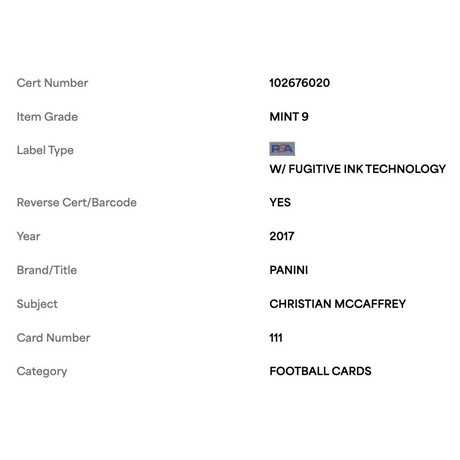 Christian McCaffrey PSA 9 2017 Panini Rookie RC Card #111