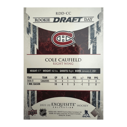 Cole Caufield 2021-22 Exquisite Rookie Draft Day Gold #'d /99 RDD-CC