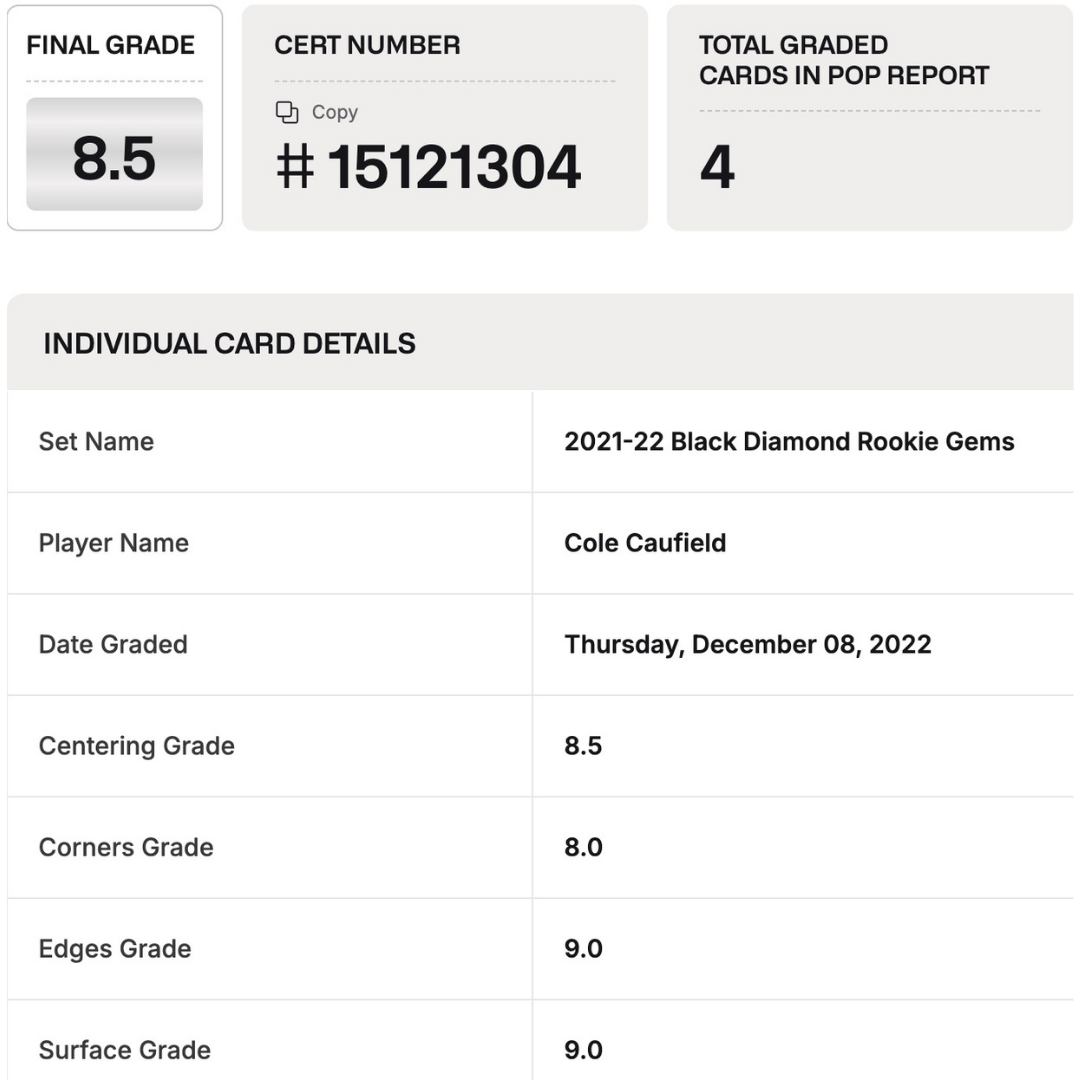 Cole Caufield BGS 8.5 2021-22 Upper Deck Black Diamond Rookie Gems #d/ 399 Card #RGCC