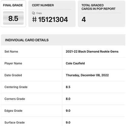 Cole Caufield BGS 8.5 2021-22 Upper Deck Black Diamond Rookie Gems #d/ 399 Card #RGCC