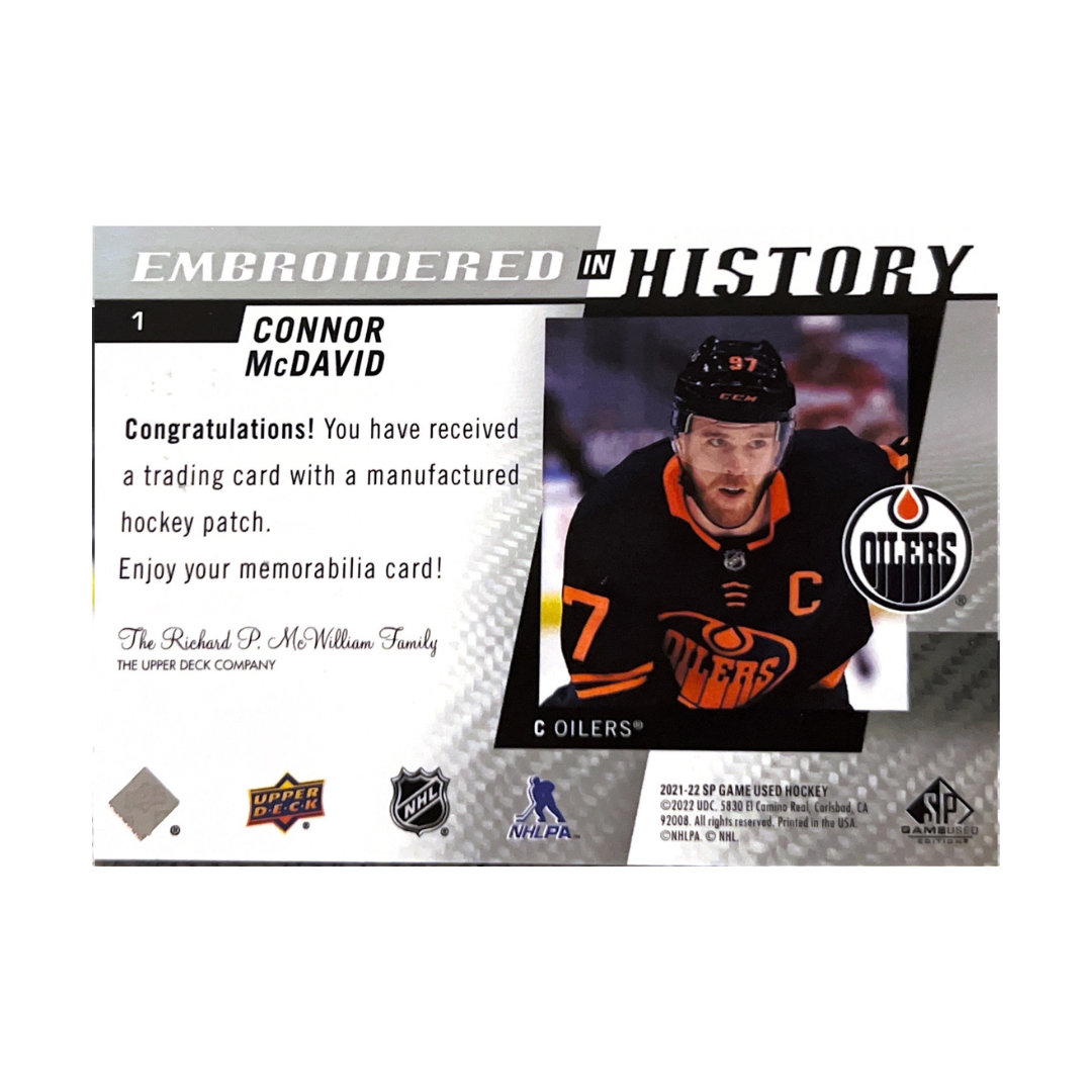 Connor McDavid Edmonton Oilers 2021-2022 Upper Deck SP Game Used Embroidered in History Logo Patch Card