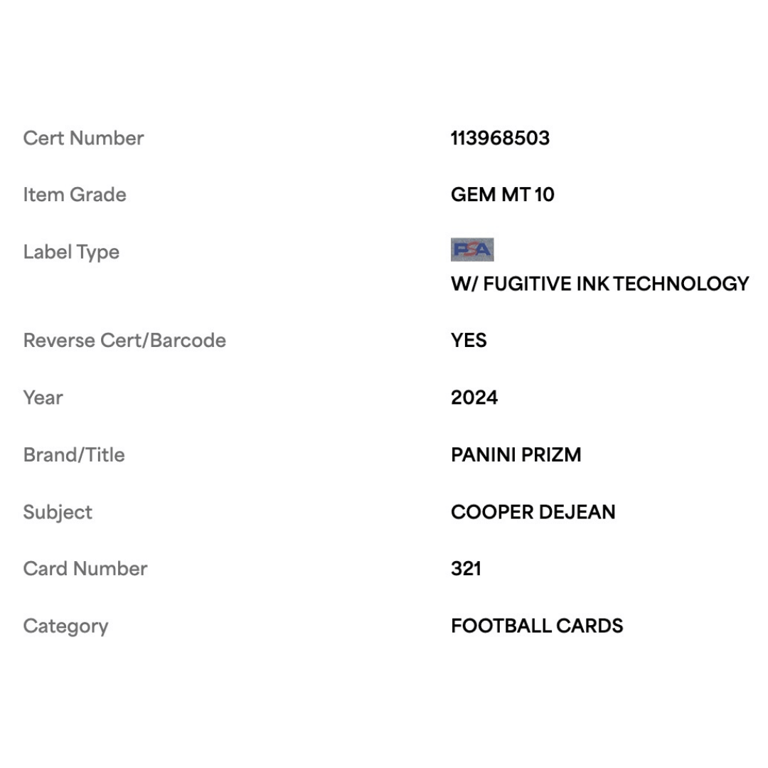 Cooper DeJean PSA 10 2024 Panini Prizm Rookie RC Card #321