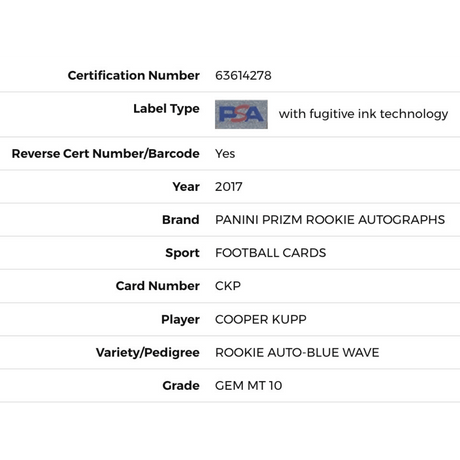Cooper Kupp PSA 10 2017 Panini Prizm Rookie Auto - Blue Wave Card #CKP