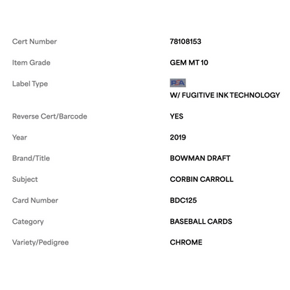Corbin Carroll PSA 10 2019 Topps Bowman Draft Chrome Card #BDC125