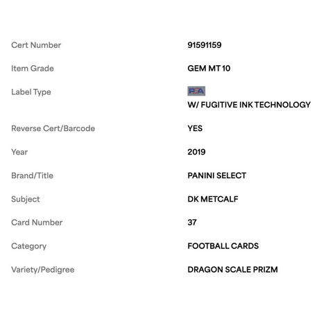 DK Metcalf PSA 10 2019 Panini Select Dragon Scale Prizm Rookie RC #d/ 88 Card #37