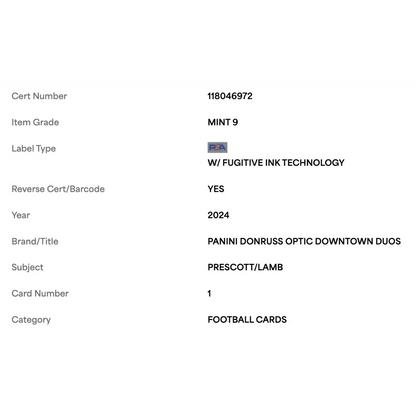 Dak Prescott & CeeDee Lamb PSA 9 2024 Panini Donruss Optic Downtown Duos Card #1