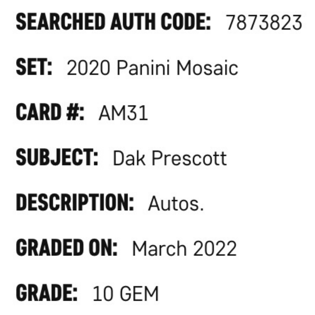 Dak Prescott SGC 10 2020 Panini Mosaic Autographs Card #AM31