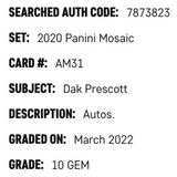 Dak Prescott SGC 10 2020 Panini Mosaic Autographs Card #AM31