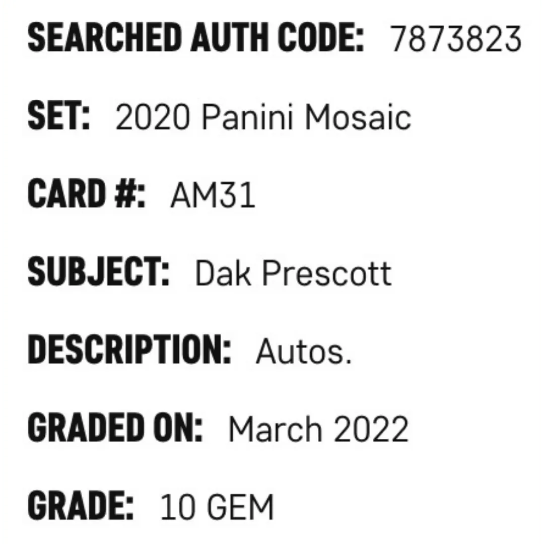 Dak Prescott SGC 10 2020 Panini Mosaic Autographs Card #AM31