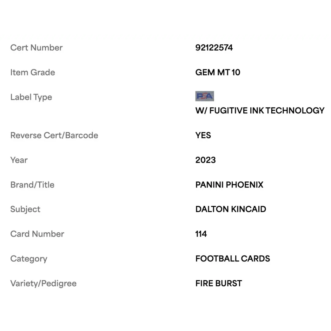 Dalton Kincaid PSA 10 2023 Panini Phoenix Fire Burst #d/ 340 Card #114