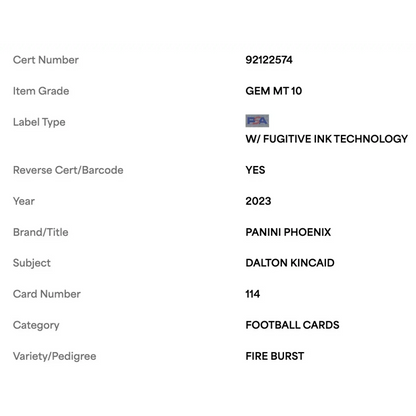 Dalton Kincaid PSA 10 2023 Panini Phoenix Fire Burst #d/ 340 Card #114