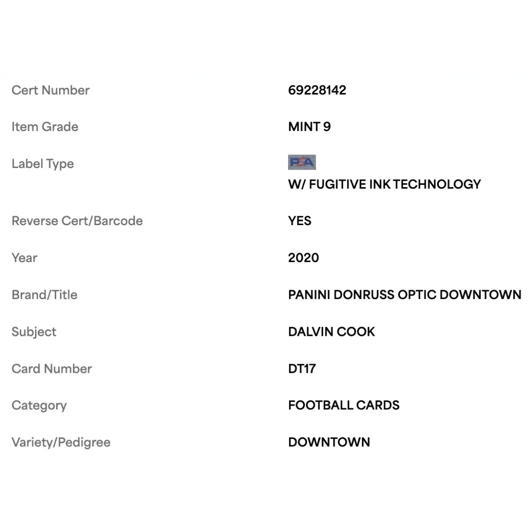 Dalvin Cook PSA 9 2020 Panini Donruss Optic Downtown Card #DT17