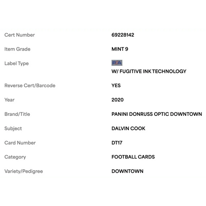 Dalvin Cook PSA 9 2020 Panini Donruss Optic Downtown Card #DT17