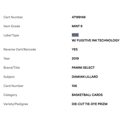 Damian Lillard PSA 9 2019 Panini Select Die-Cut Tie-Dye Prizm #1/ 25 Card #106