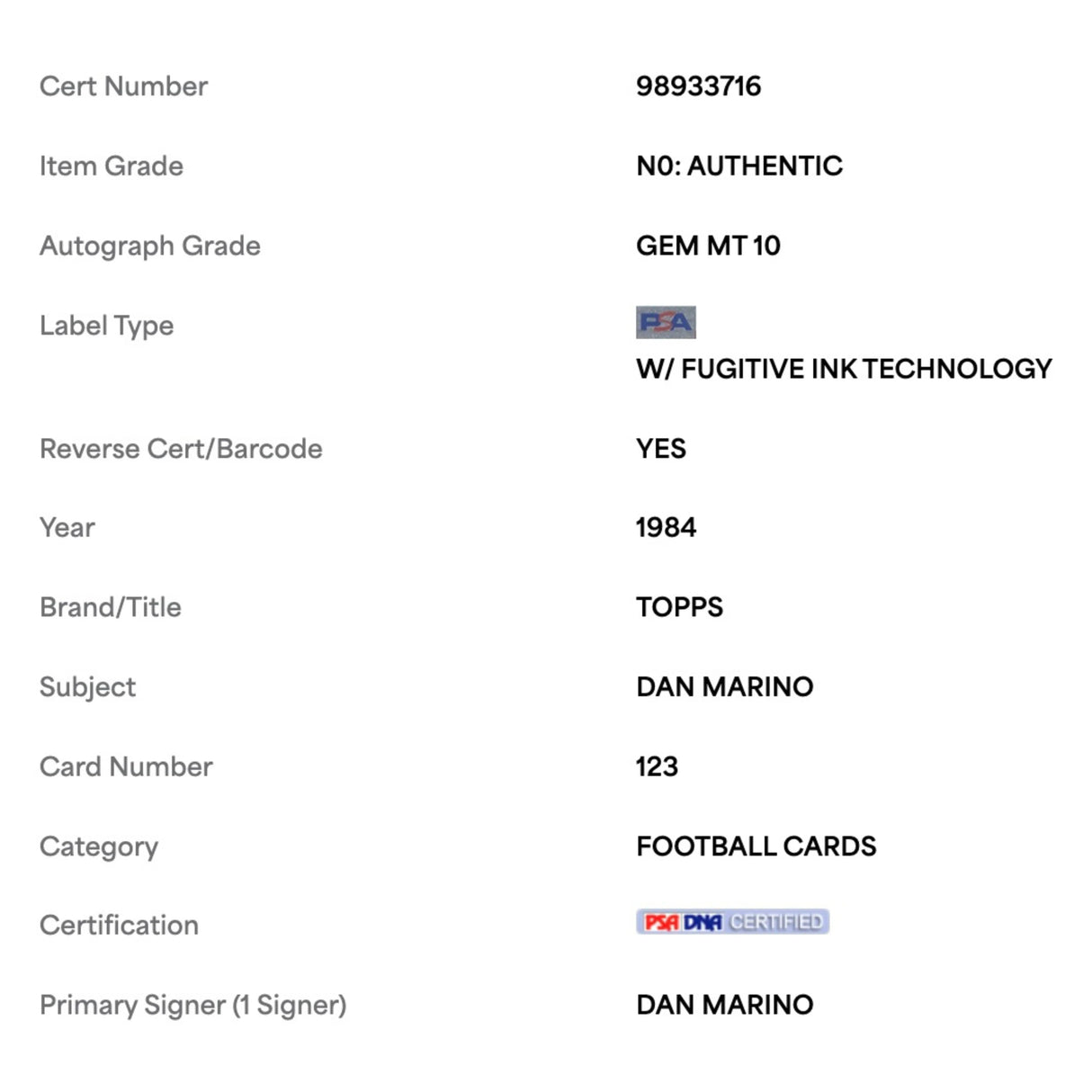 Dan Marino 1984 Topps AFC Pro Bowl Autograph Card #123