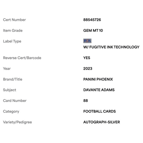 Davante Adams PSA 10 2023 Panini Phoenix Autograph Silver Card #88
