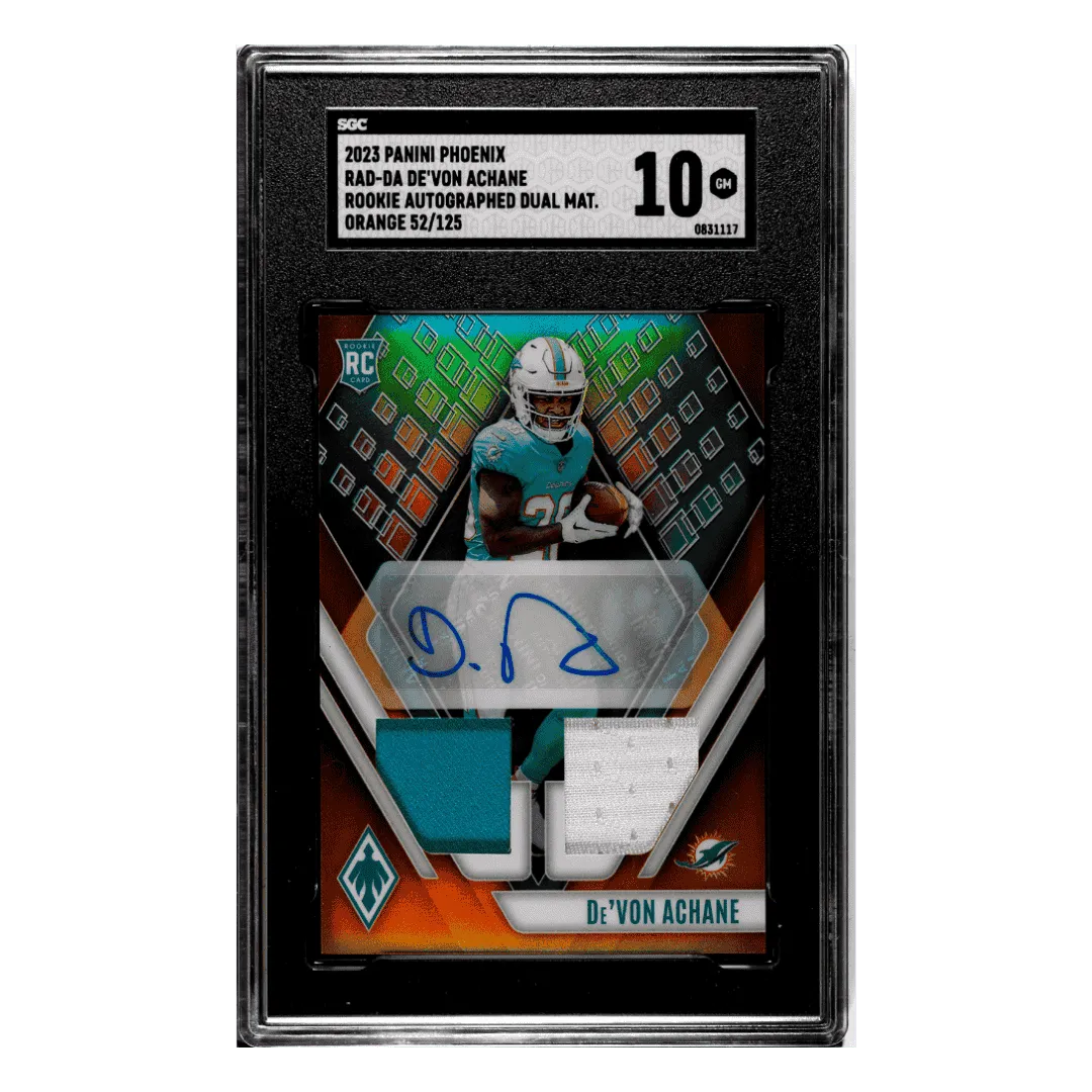 De'Von Achane SGC 10 2023 Panini Phoenix Rookie Autographed Dual Material Patch Orange #d/ 125 Card #RADDA