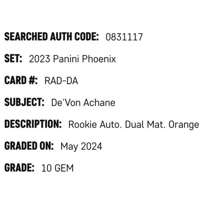 De'Von Achane SGC 10 2023 Panini Phoenix Rookie Autographed Dual Material Patch Orange #d/ 125 Card #RADDA