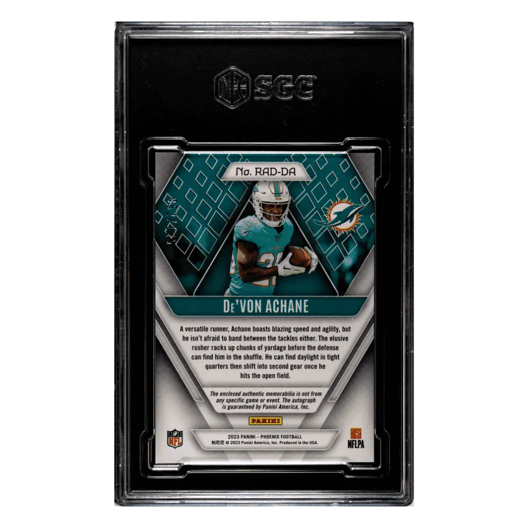 De'Von Achane SGC 10 2023 Panini Phoenix Rookie Autographed Dual Material Patch Orange #d/ 125 Card #RADDA