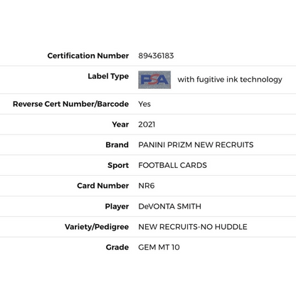 DeVonta Smith PSA 10 2021 Panini Prizm New Recruits - No Huddle Card #NR6