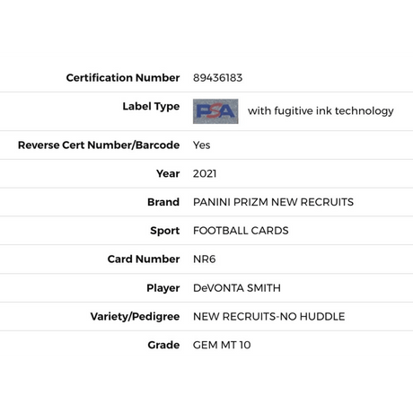 DeVonta Smith PSA 10 2021 Panini Prizm New Recruits - No Huddle Card #NR6