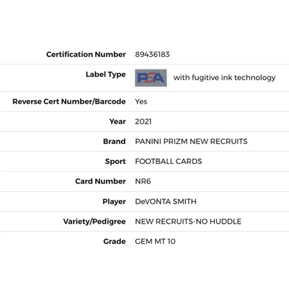 DeVonta Smith PSA 10 2021 Panini Prizm New Recruits - No Huddle Card #NR6