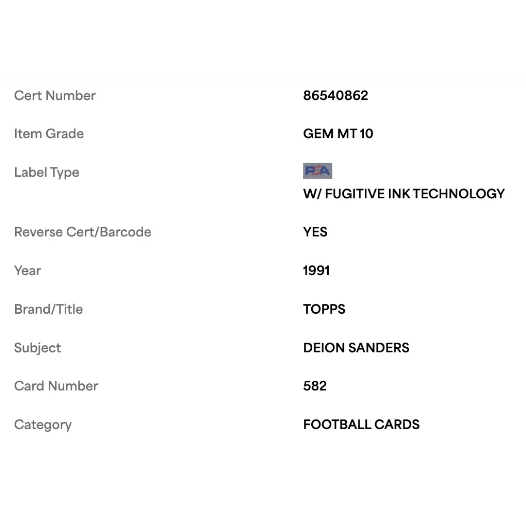 Deion Sanders PSA 10 1991 Topps Card #582